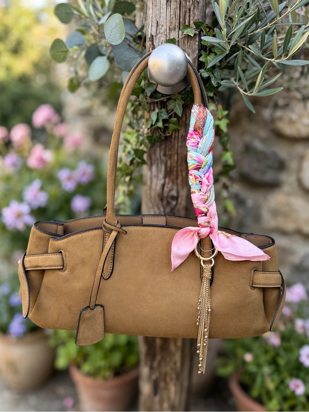 H&M Tan Shoulder Bag with Pink Braided Scarf Accent